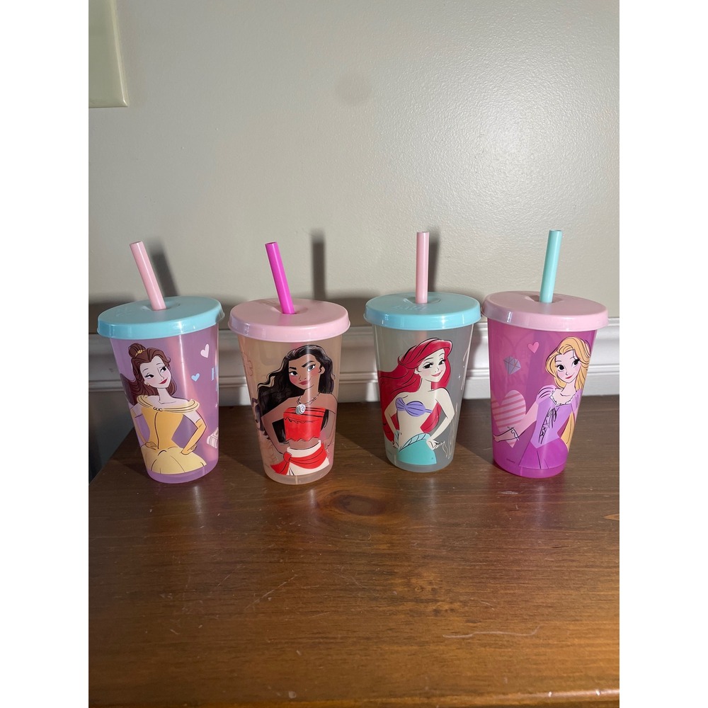 Disney Princess Tumblers Set of 4 Zak Designs Belle Ariel Moana Rapunzel Straws
